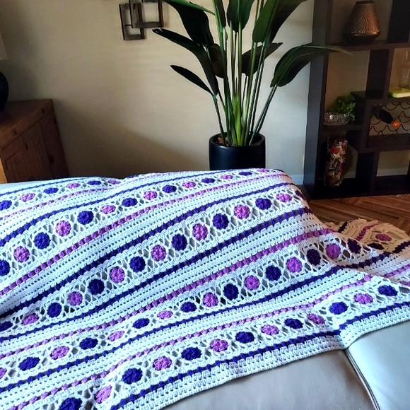 Hand Crocheted Blanket: Purple on White background:Size 105" x 68" approx - Picture 11 of 11